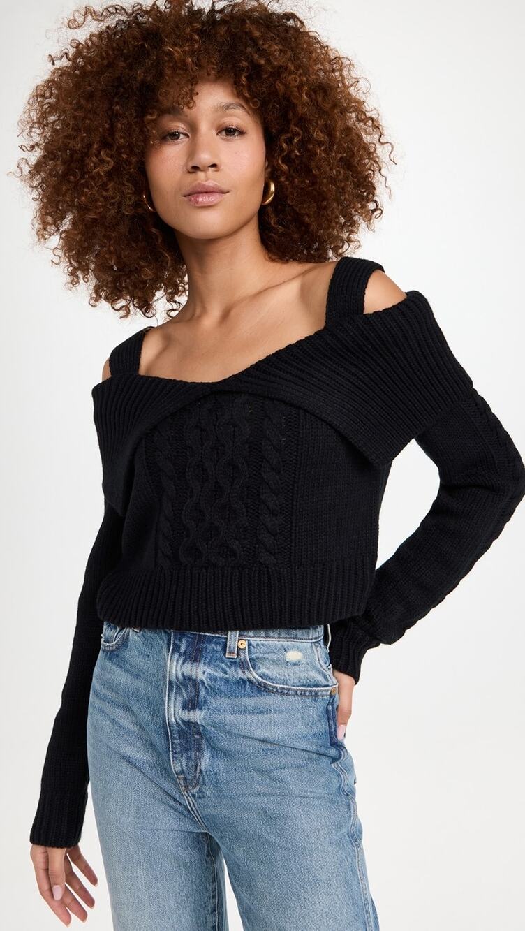 Moon River Black Cable Knit Collared Off Shoulder Cropped Sweater Size Large